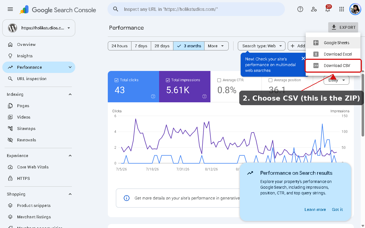 Export menu options in Google Search Console