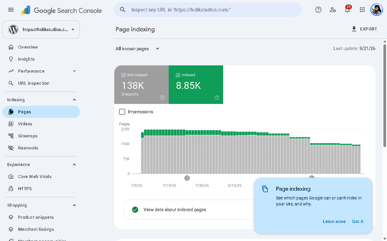 Google Search Console Pages tab