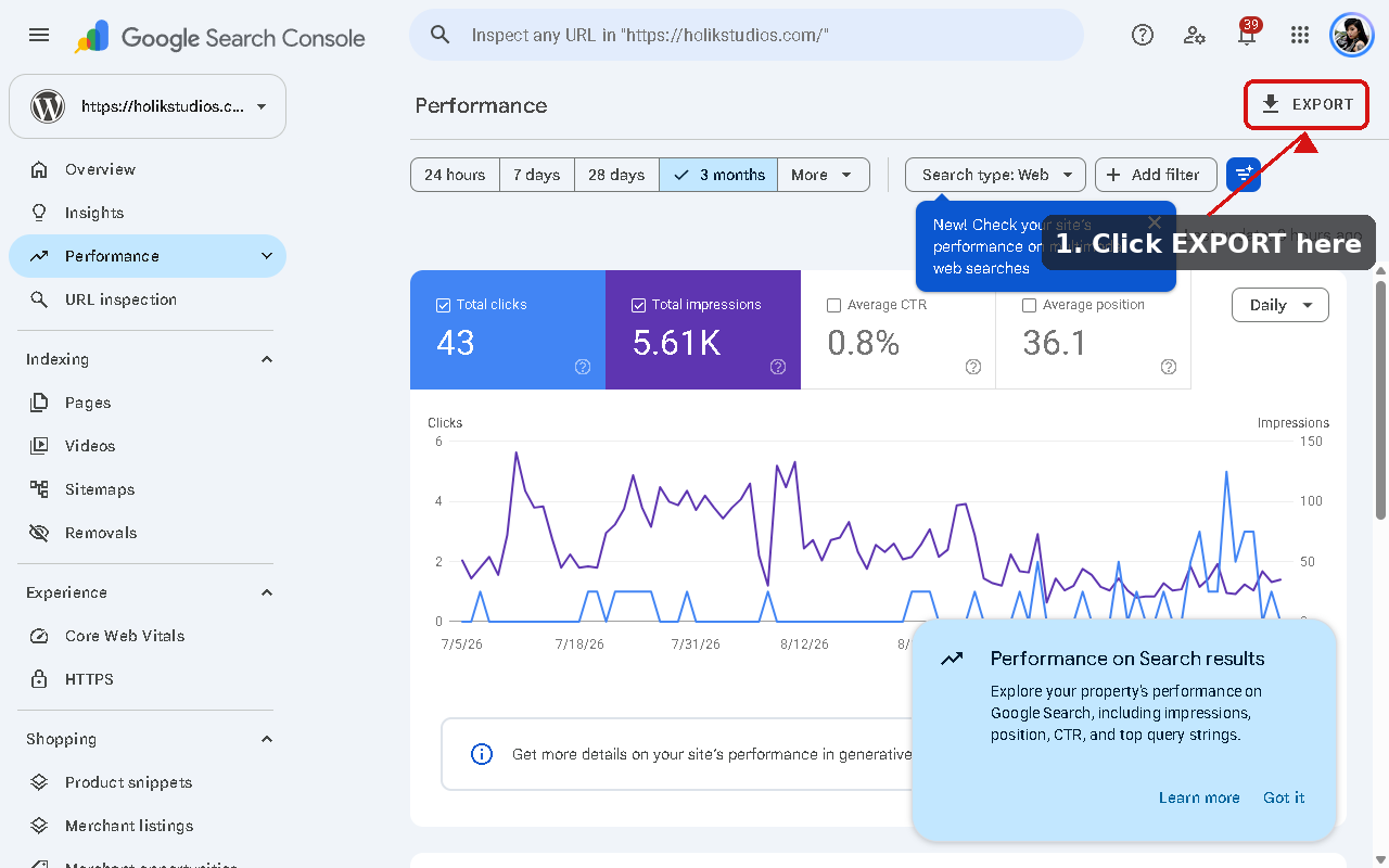 Google Search Console Performance report with the Export button highlighted