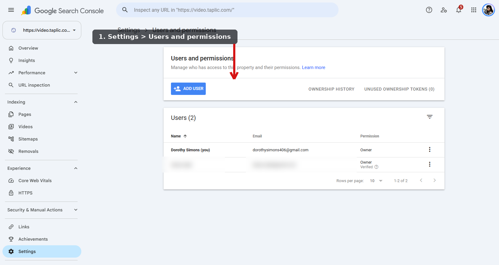 Google Search Console Users and permissions screen