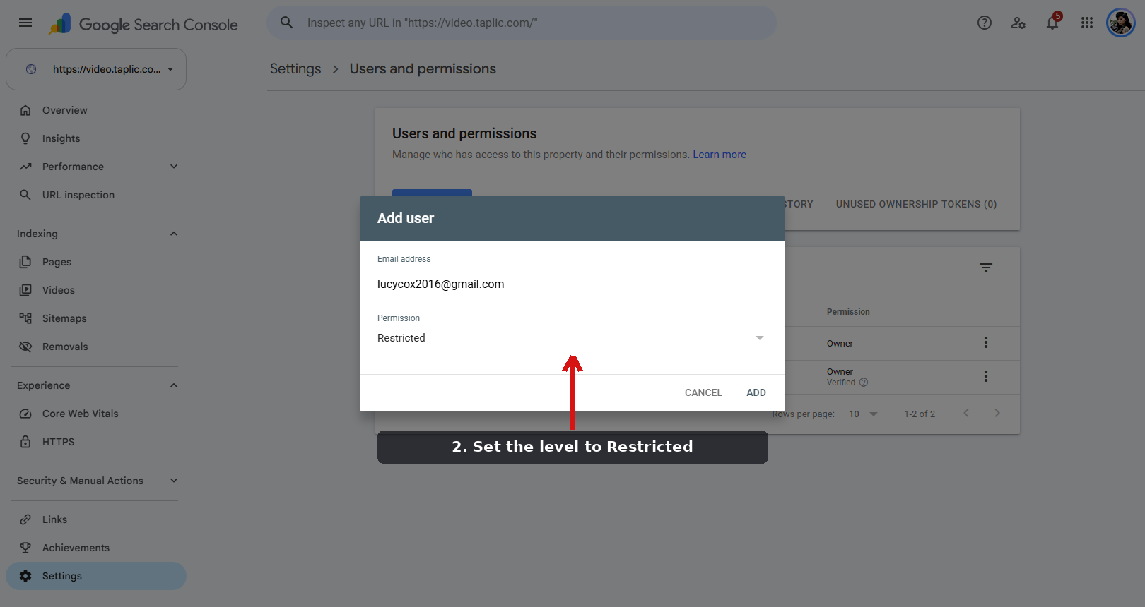 Google Search Console Add user dialog with permission level