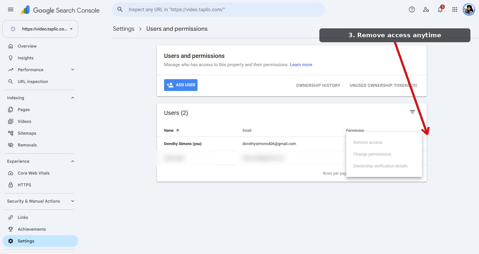 Google Search Console user row menu with Remove access option